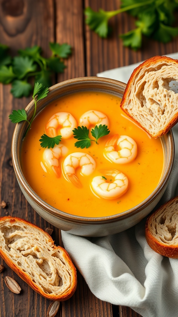 A bowl of creamy shrimp bisque soup garnished with parsley, with shrimp pieces visible, served with crusty bread.